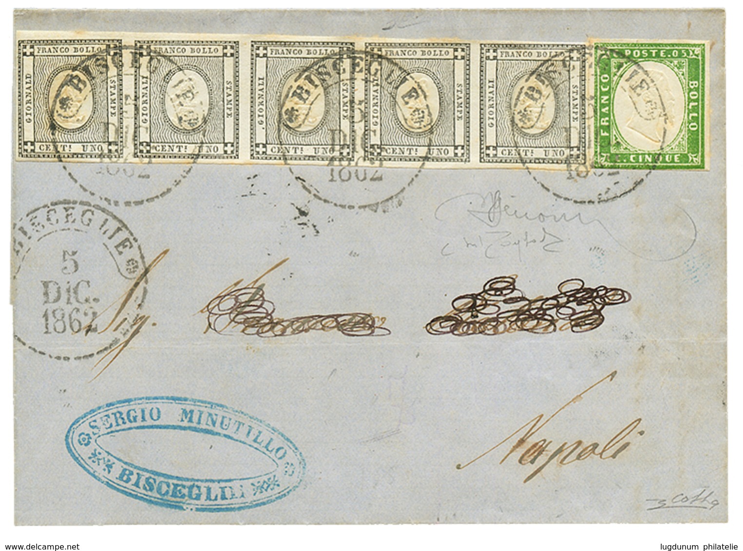 915 1862 1c Strip Of 5 With Nice Margins + 5c(n°13) Just Touched At Base Canc. BISCEGLIE On Cover To NAPOLI. Signed COLL - Ohne Zuordnung