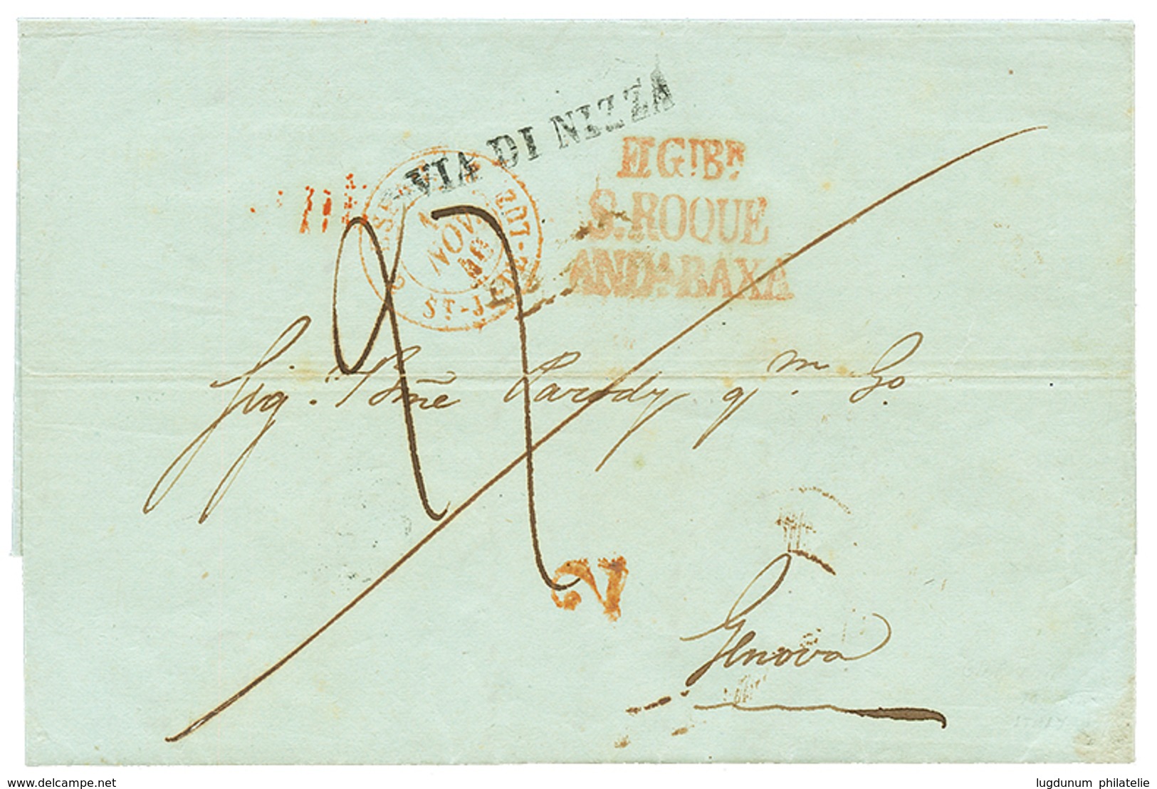 925 1840 VIA DI NIZZA + S.ROQUE/AND.BAXA On Entire Letter From GIBRALTAR To GENOVA. Vvf. - Non Classés