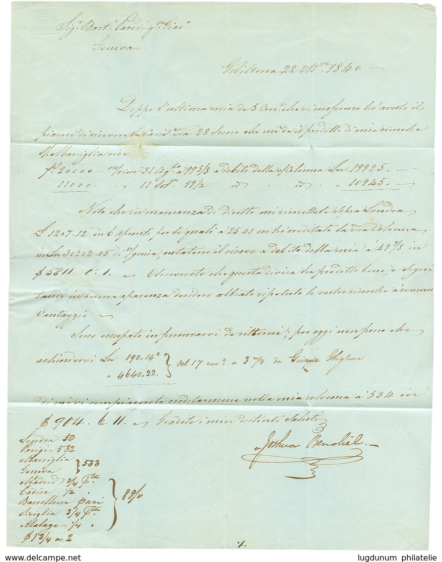 925 1840 VIA DI NIZZA + S.ROQUE/AND.BAXA On Entire Letter From GIBRALTAR To GENOVA. Vvf. - Non Classés