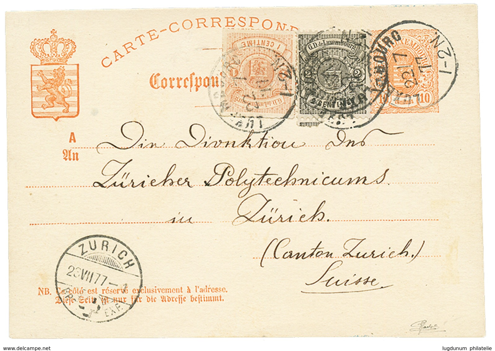 929 LUXEMBOURG : 1877 POSTAL STATIONERY 10c + 1c + 2c(perf. 13) Canc. LUXEMBOURG To SWITZERLAND. RARE. LARS BÖTTGER Cert - Sonstige & Ohne Zuordnung