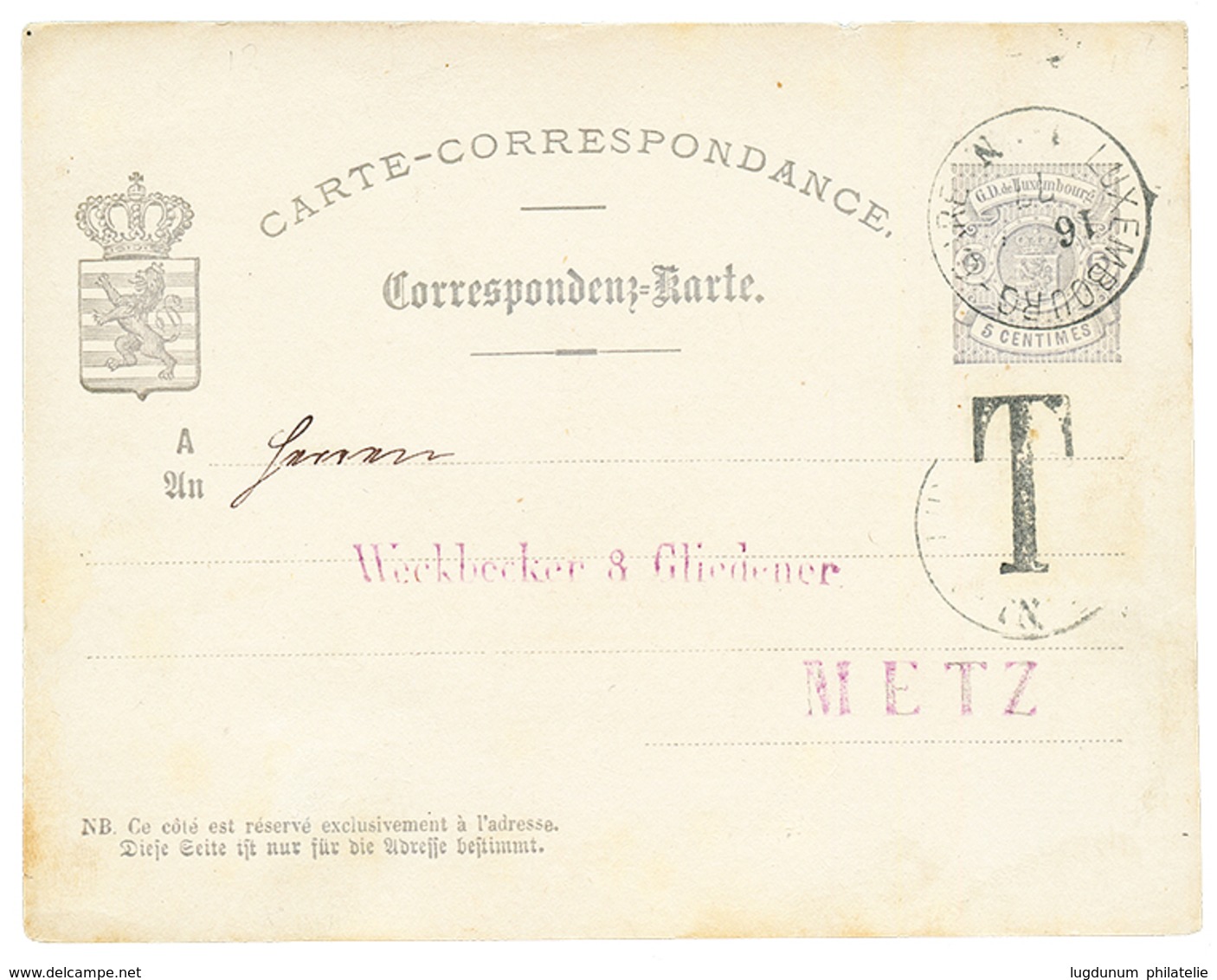 930 LUXEMBOURG : 1877 P./Stat 5c + "T" Tax Marking (stamp Lost) To METZ. Scarce. Vvf. - Autres & Non Classés