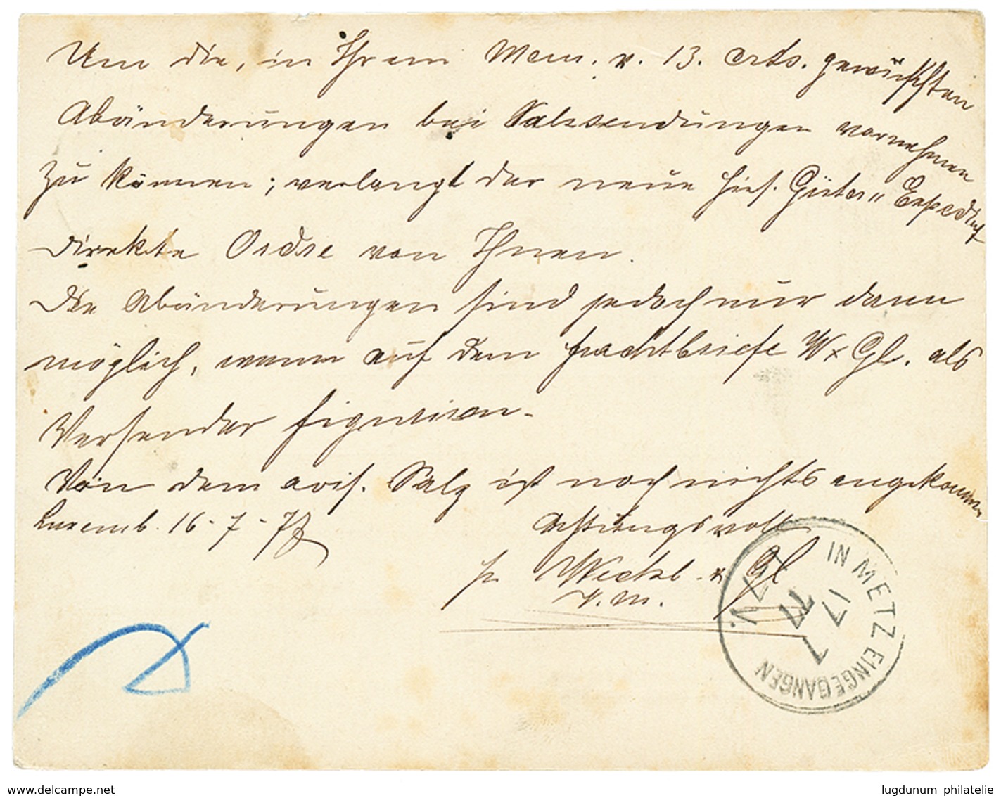 930 LUXEMBOURG : 1877 P./Stat 5c + "T" Tax Marking (stamp Lost) To METZ. Scarce. Vvf. - Autres & Non Classés