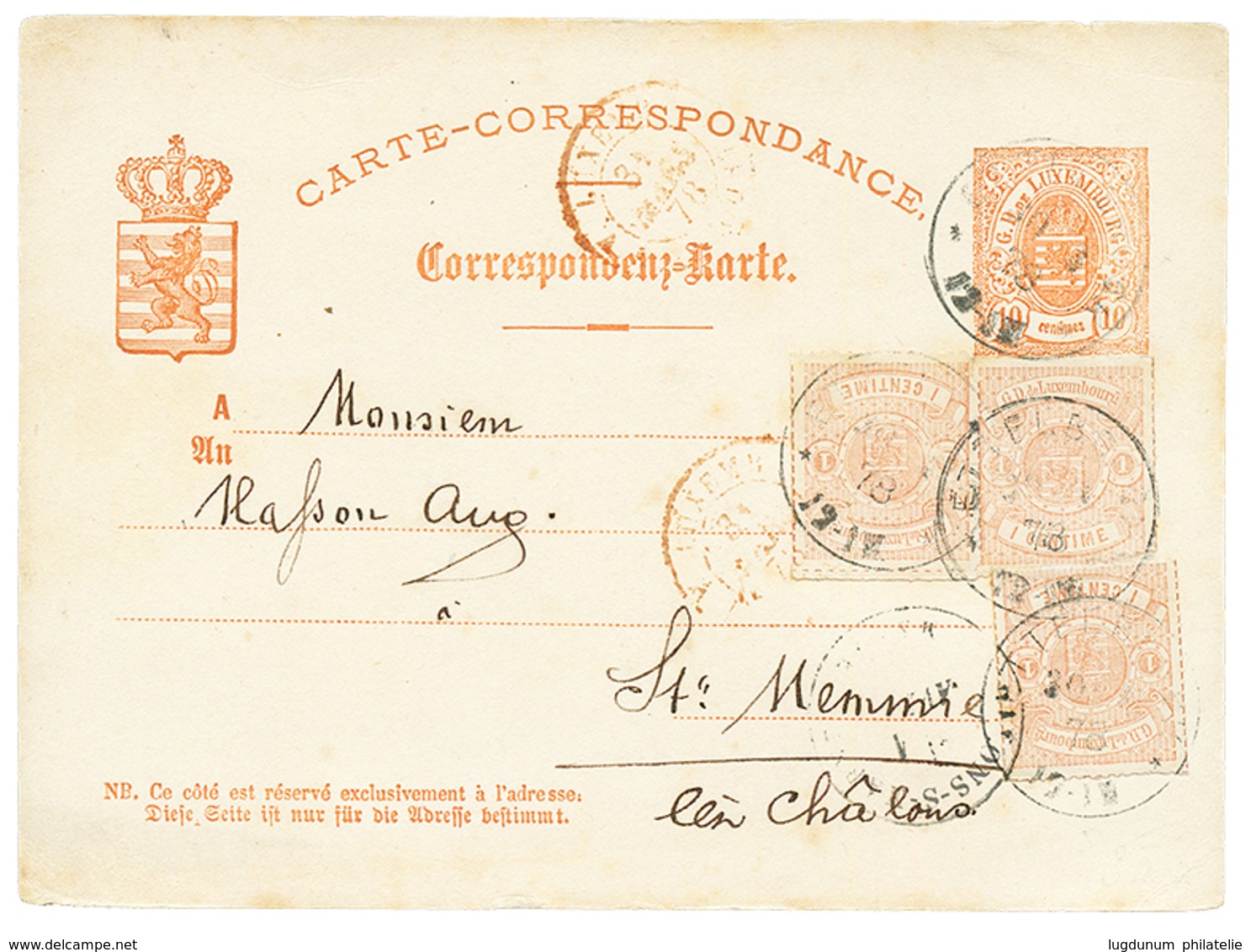 932 LUXEMBOURG : 1878 P./Stat 10c + 1c(x3) Canc. ETTELBERG To FRANCE. RARE. Vf. - Autres & Non Classés