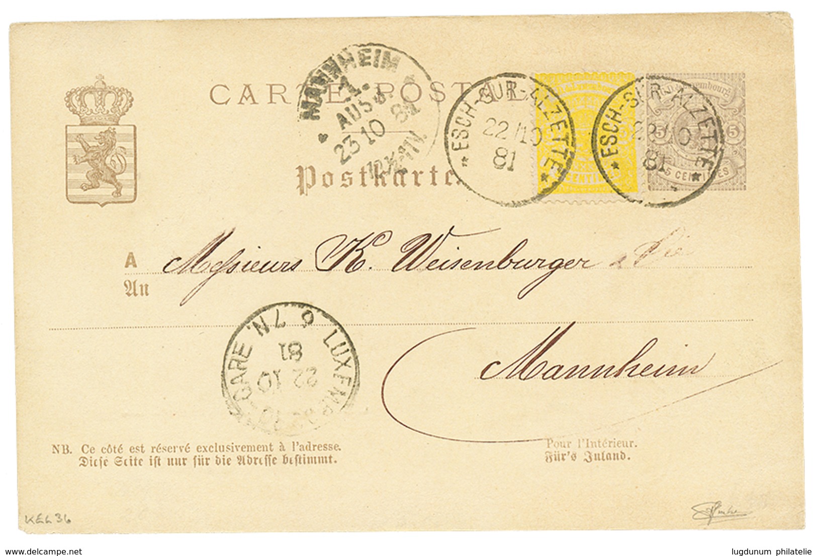 934 1881 P./Stat 5c + 5c Yellow Canc. ESCH-SUR-ALZETTE To GERMANY. Signed GOEBEL. Vvf. - Andere & Zonder Classificatie