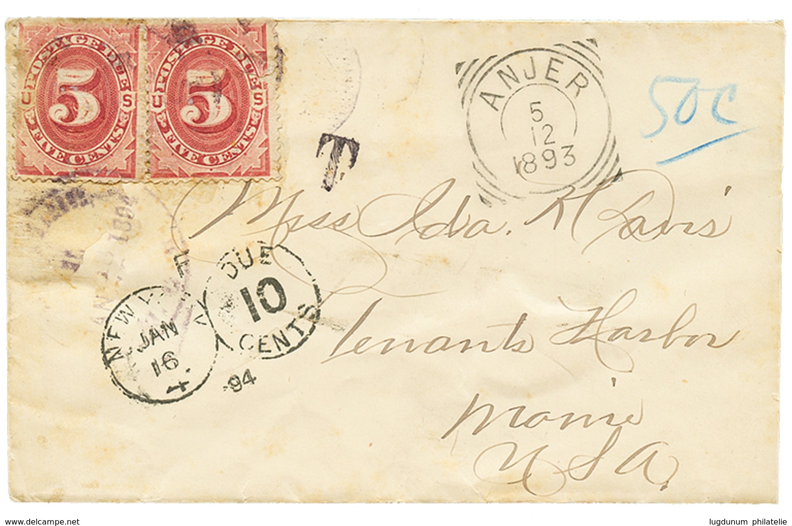 941 "SUNDA STRAITS" : 1893 ANGER + USA POSTAGE DUES 5c(x2) On Taxed Envelope With Text Datelined "SUNDA STRAITS" To TENA - Sonstige & Ohne Zuordnung
