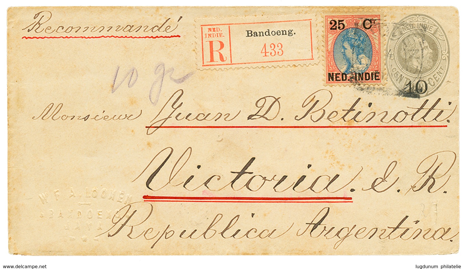 944 NETH. INDIES To ARGENTINA : 1900 P./Stat 10 On 12 1/2c + 25c Sent REGISTERED From BANDOENG To ARGENTINA. RARE. Vf. - Other & Unclassified