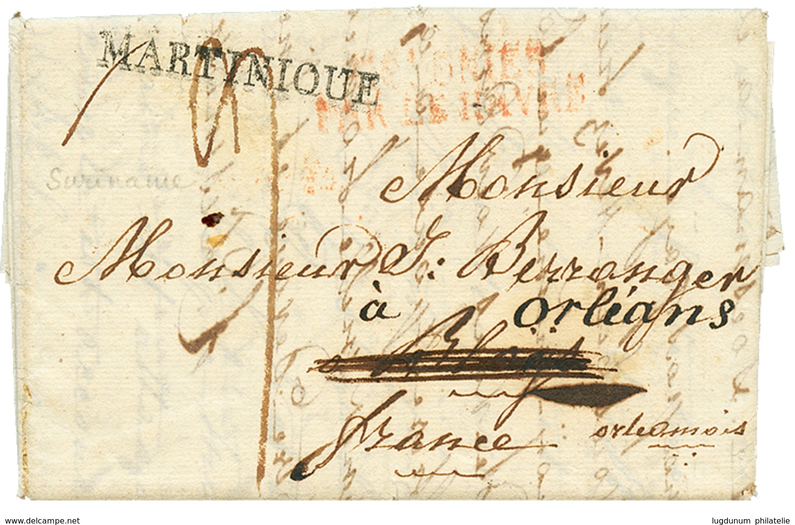 945 1817 COLONIES PAR LE HAVRE In Red + MARTINIQUE Applied In Transit On Entire Letter Datelined "SURINAME" To FRANCE. R - Autres & Non Classés