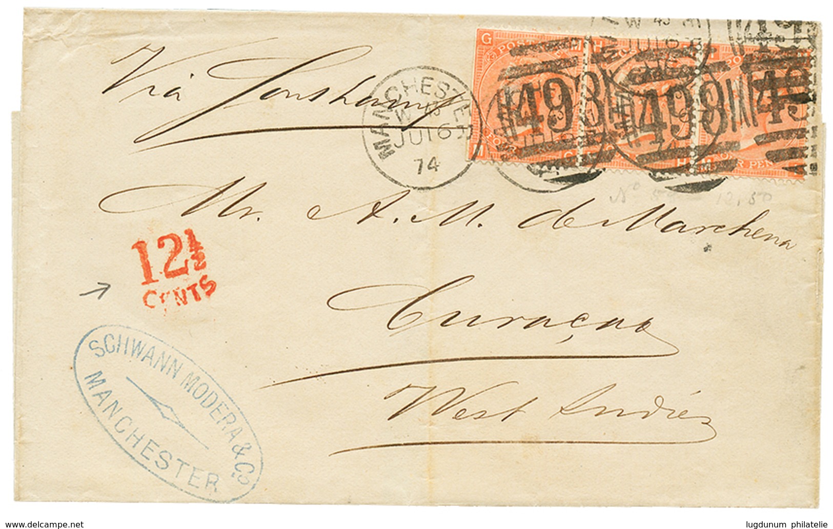 946 1874 GREAT BRITAIN 4d(x3) Canc. 493 + MANCHESTER On Cover To CURACAO. Vvf. - Autres & Non Classés