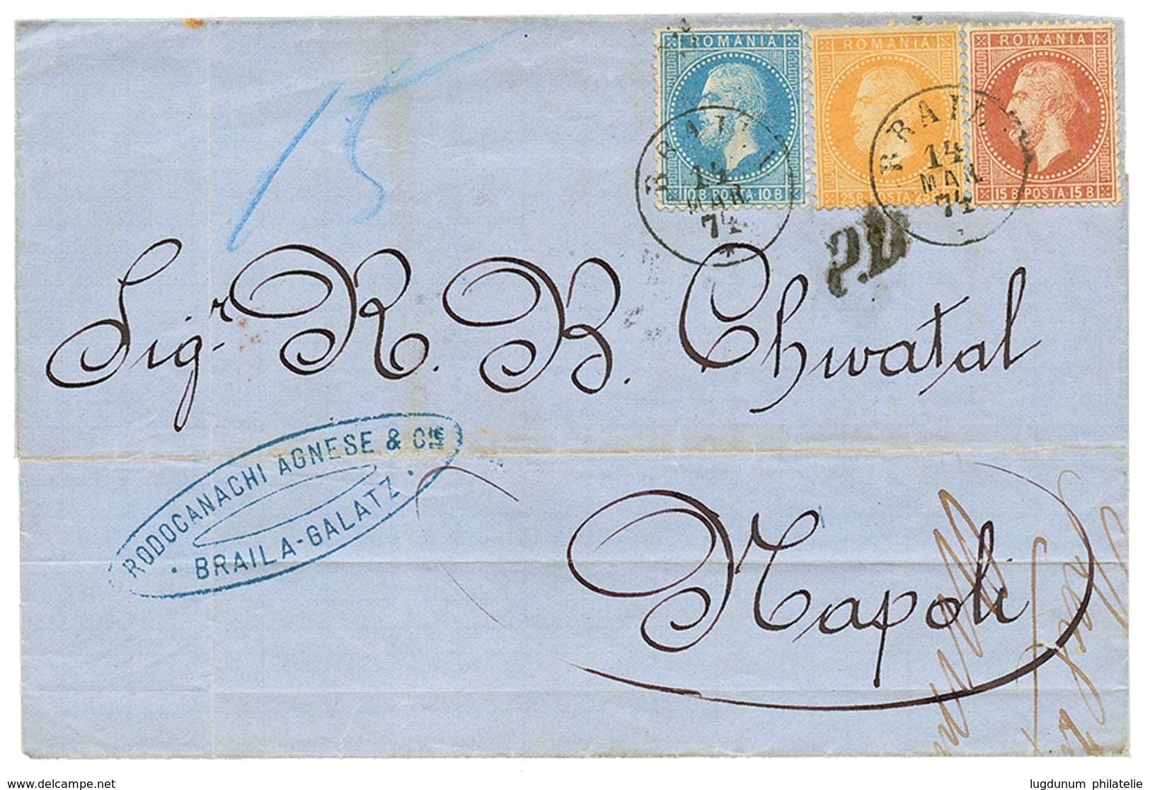 955 1874 10B + 15B + 25B Canc. BRAILA On Cover To NAPOLI (ITALY). Vvf. - Other & Unclassified