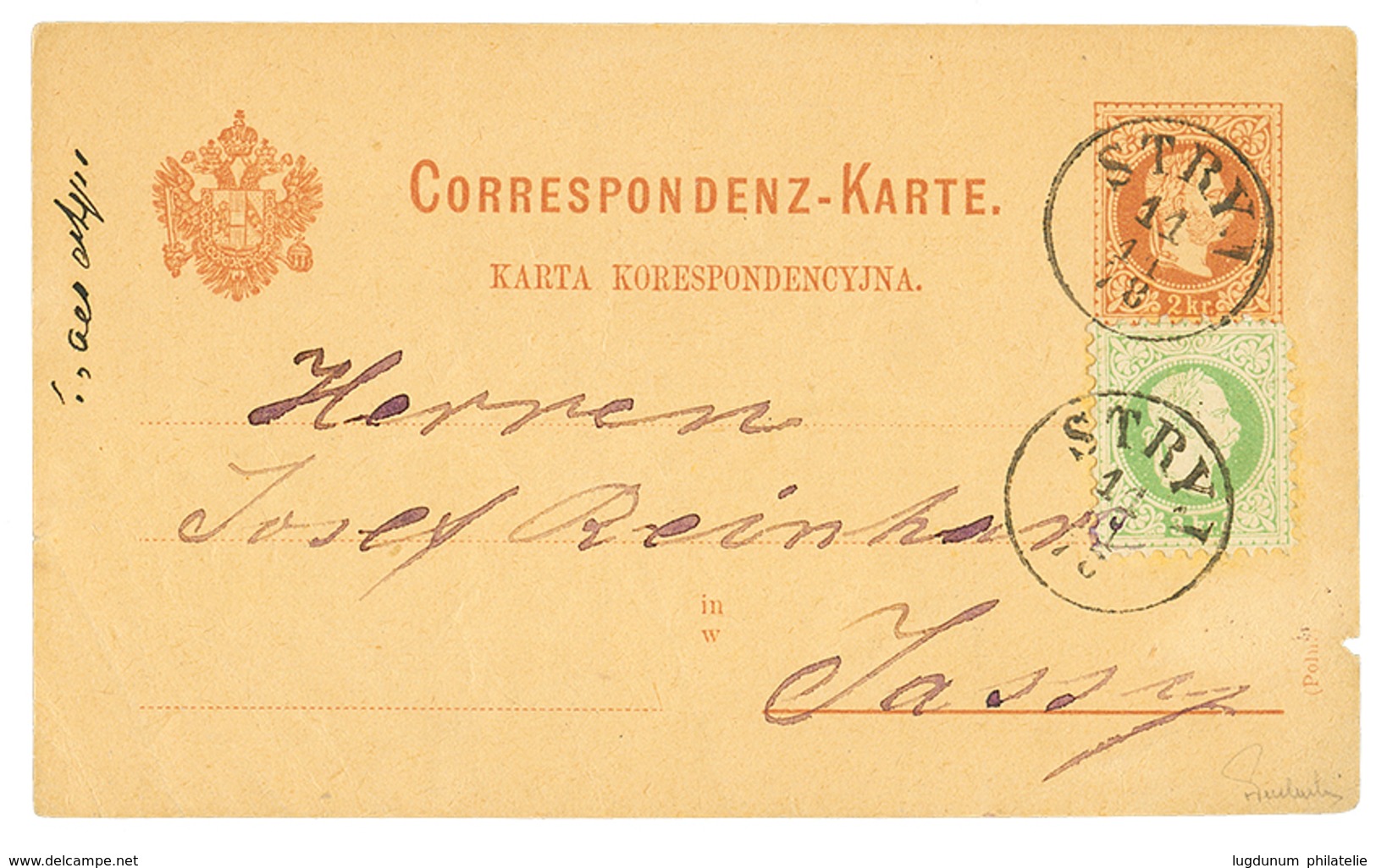 956 1878 AUSTRIA P./Stat 2kr + 3kr Canc. STRYJ To JASSY ROMANIA. Scarce. FERCHENBAUER Certificate(2002). Vf. - Autres & Non Classés