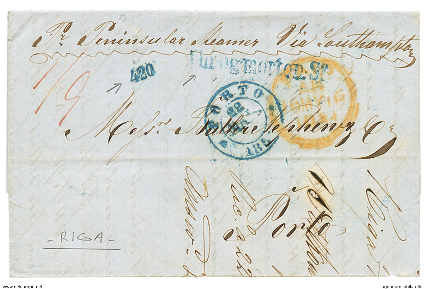 958 RUSSIA To PORTUGAL : 1854 "420" Blue Tax Marking + PORTO+ TREGMORTON.ST In Blue + "Pr PENINSULAR STEAMER Via SOUHAMP - Sonstige & Ohne Zuordnung