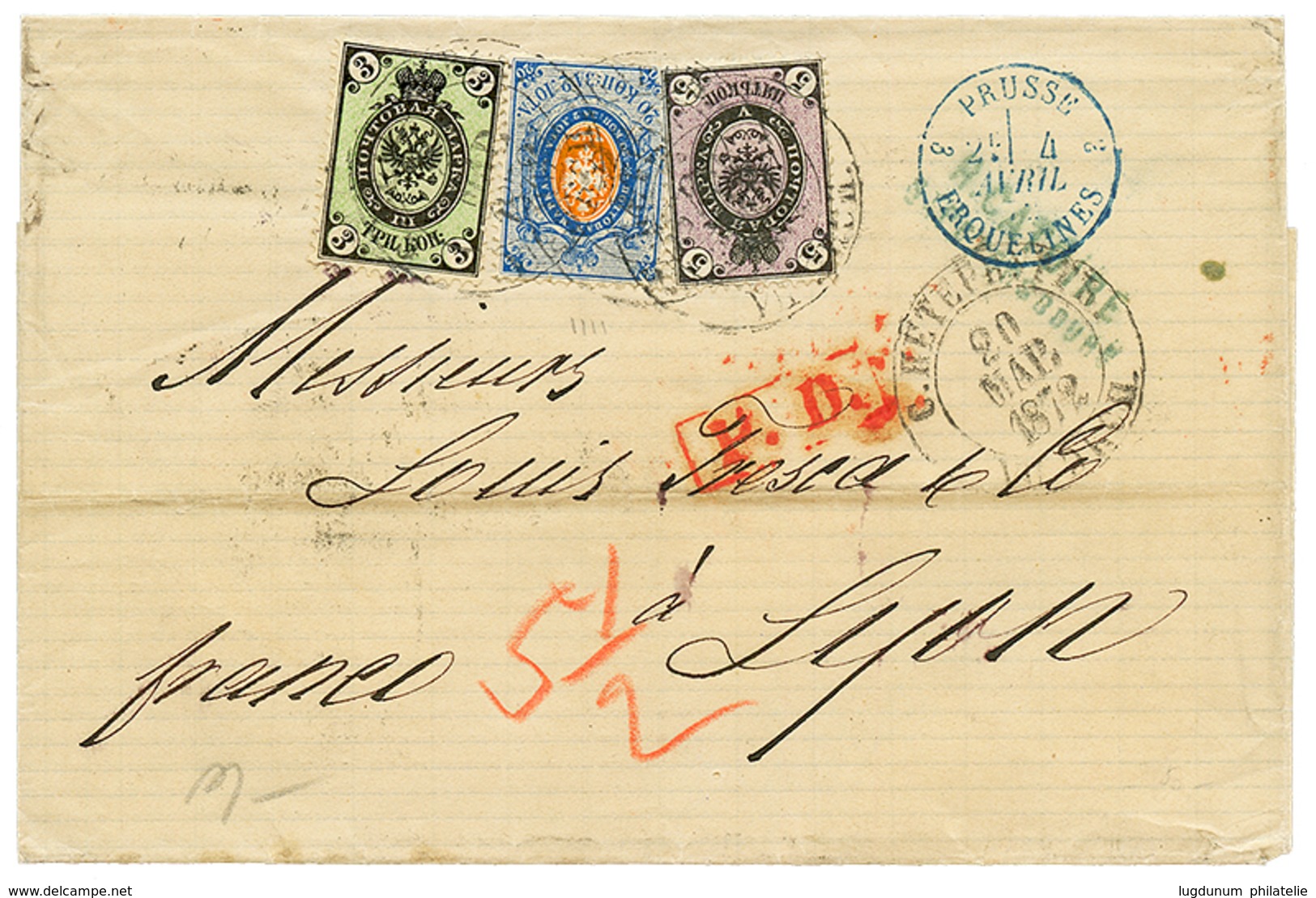 971 1872 20k (wmk Vertical) Verticaly Laid + 3k+ 5k Canc. ST PETERSBURG On Cover To FRANCE. Scarce. VF. - Sonstige & Ohne Zuordnung