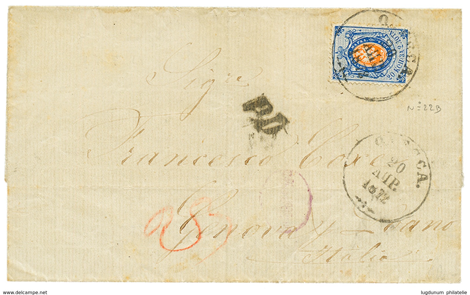 972 1872 20k (wmk Vertical) Verticaly Laid Canc. ODESSA On Cover To GENOVA ITALY. Scarce. VF. - Other & Unclassified