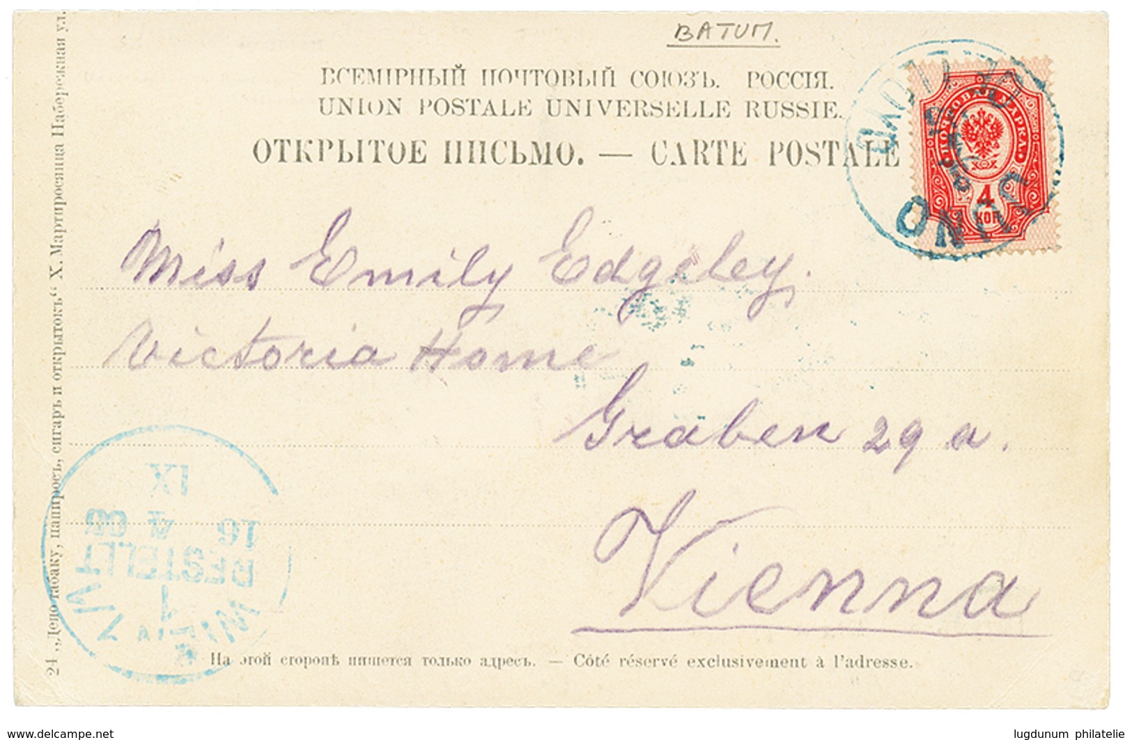 983 "BATUM" : 1905 RUSSIA 4k Canc. JUNO OE LLOYD In Blue On Card From BATUM To AUSTRIA. RARE. Vvf. - Autres & Non Classés
