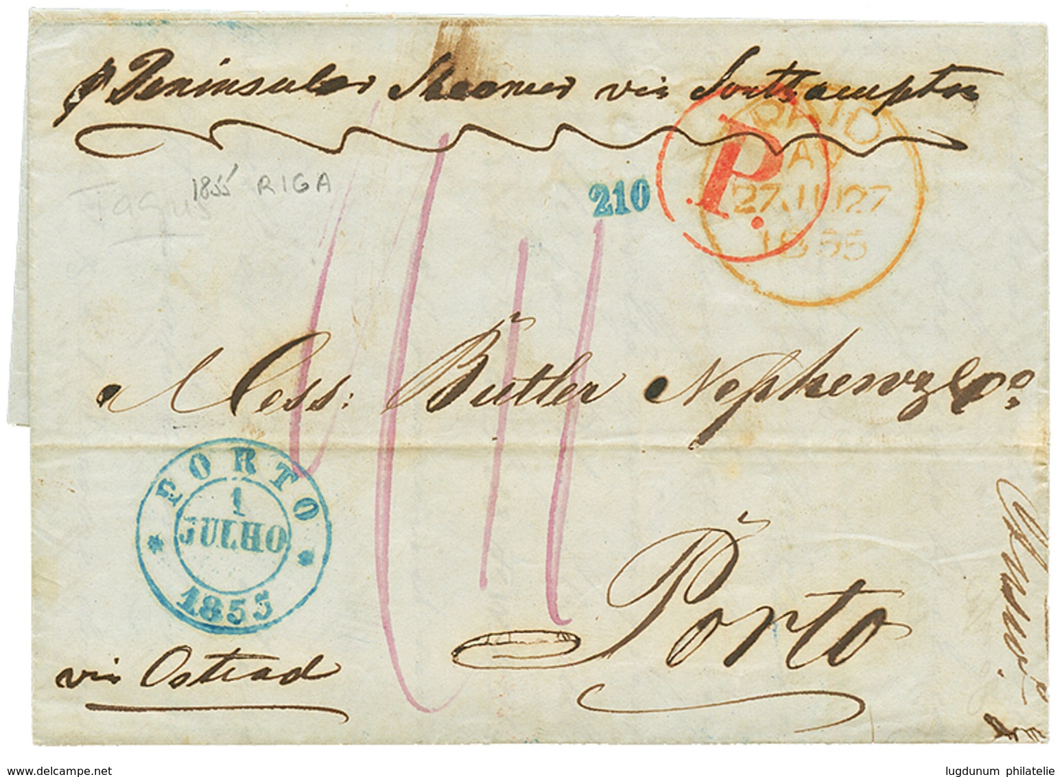 987 "RUSSIA To PORTUGAL" : 1855 PORTO + Tax Marking On Entire Letter From RIGA To PORTUGAL. Superb. - Sonstige & Ohne Zuordnung