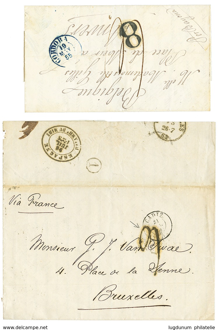 998 1855/62 Lot 2 Entire Letters From CORDOBA + Taxe 8 And CADIZ + Taxe 9 To BELGIUM. Superb. - Other & Unclassified