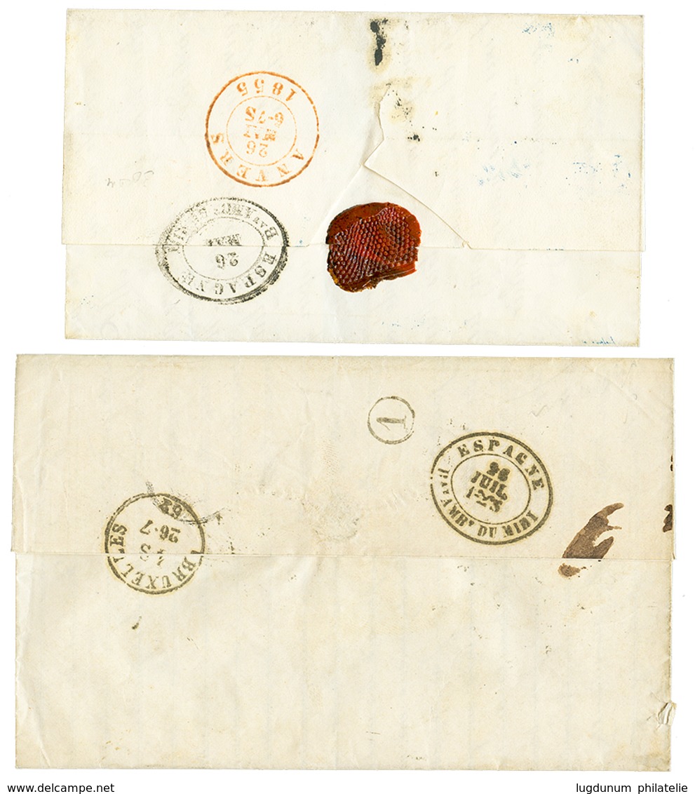 998 1855/62 Lot 2 Entire Letters From CORDOBA + Taxe 8 And CADIZ + Taxe 9 To BELGIUM. Superb. - Other & Unclassified