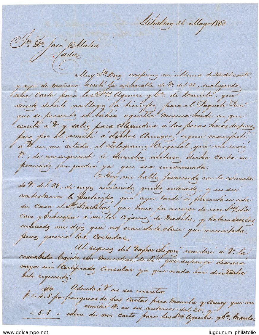 1000 1860 SPAIN 4c + SAN ROQUE CADIZ On Entire Letter From GIBRALTAR To CADIZ. Superb. - Other & Unclassified