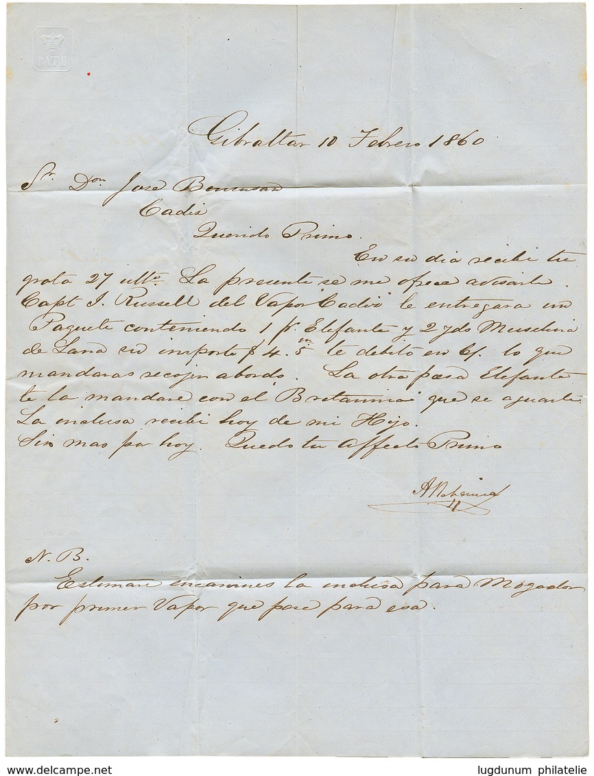 1001 1860 SPAIN 4c(x2) + SAN ROQUE CADIZ On Entire Letter From GIBRALTAR To CADIZ. Double Rate. Vvf. - Autres & Non Classés