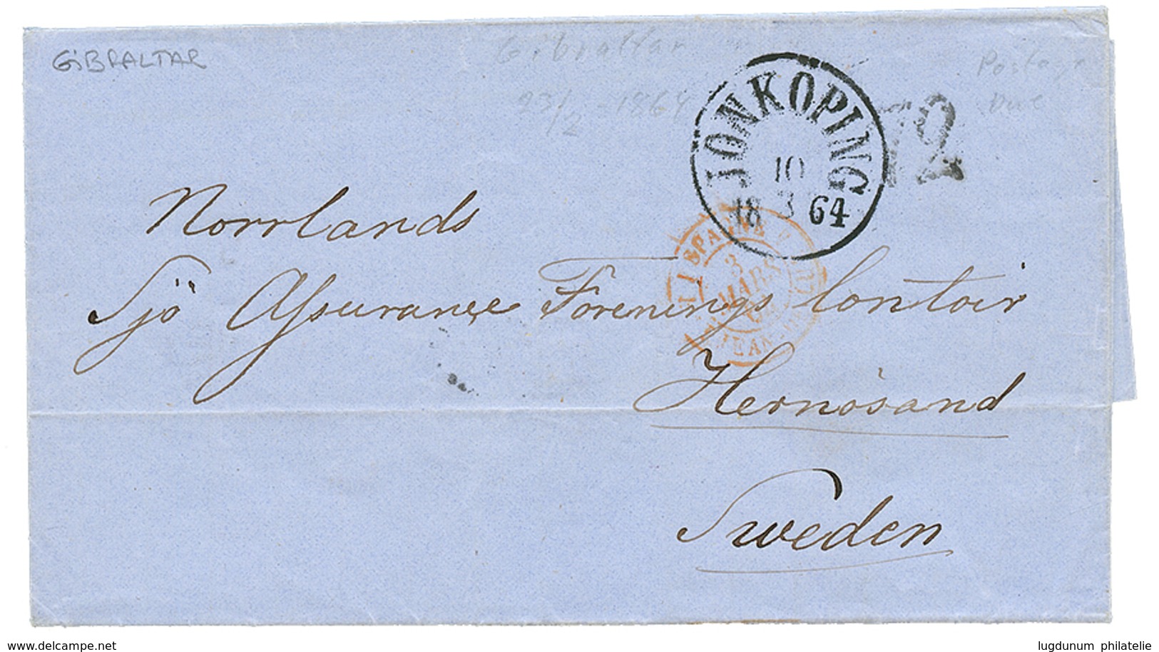 1010 1864 JONKOPING + "72" TAX Marking On Entire Letter From GIBRALTAR To HERNOSAND SWEDEN. Vf. - Other & Unclassified