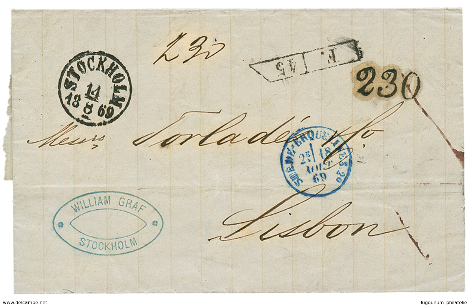 1012 SWEDEN : 1869 STOCKHOLM + Rare Exchange Marking F./45 + "230" Tax Marking On Entire Letter From STOCKHOLM To LISBON - Sonstige & Ohne Zuordnung