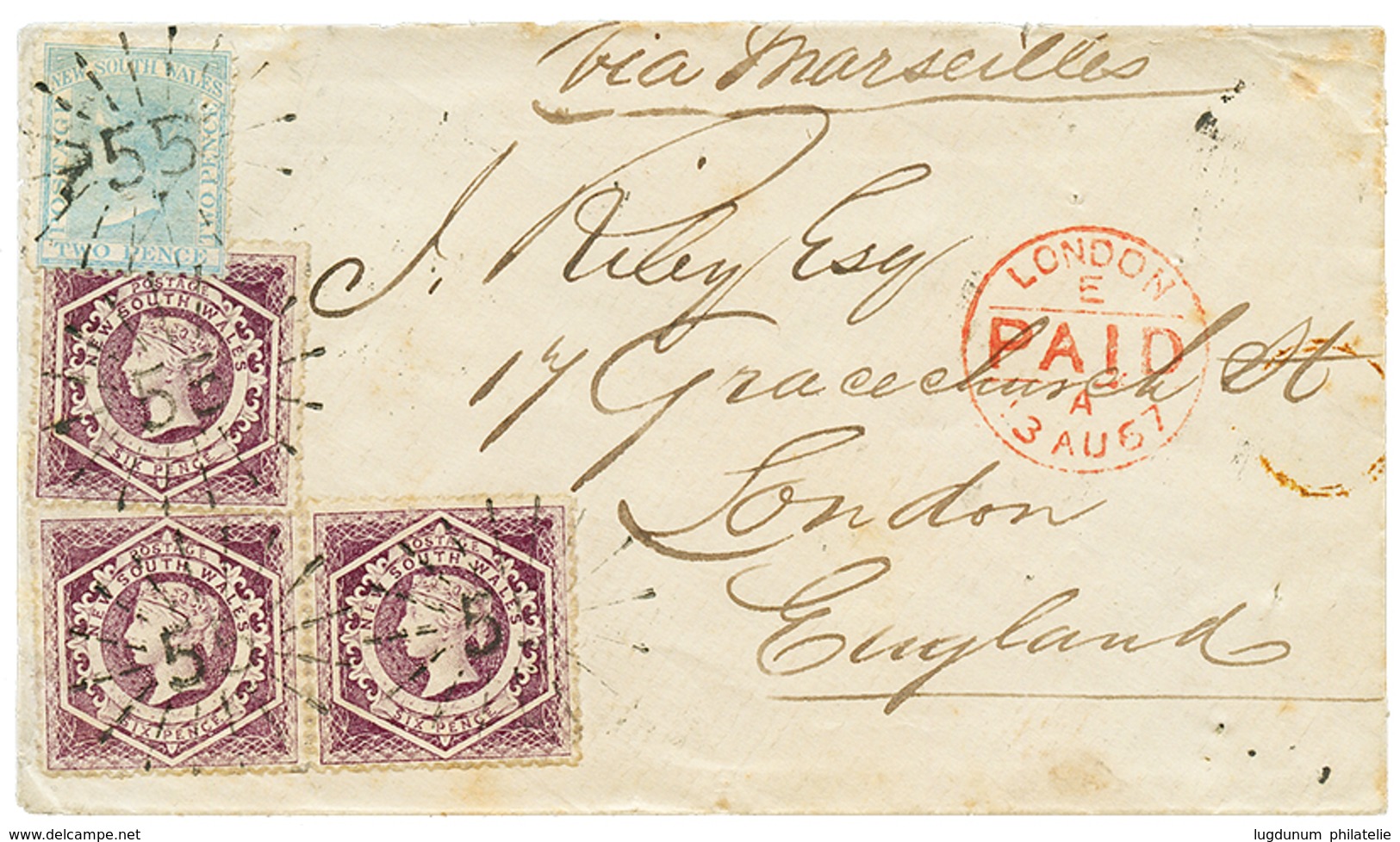 1017 1867 NSW 2d+ 6d(x3) Canc. 55 + NEWCASTLE NSW (verso) On Envelope To ENGLAND. Superb. - Autres & Non Classés