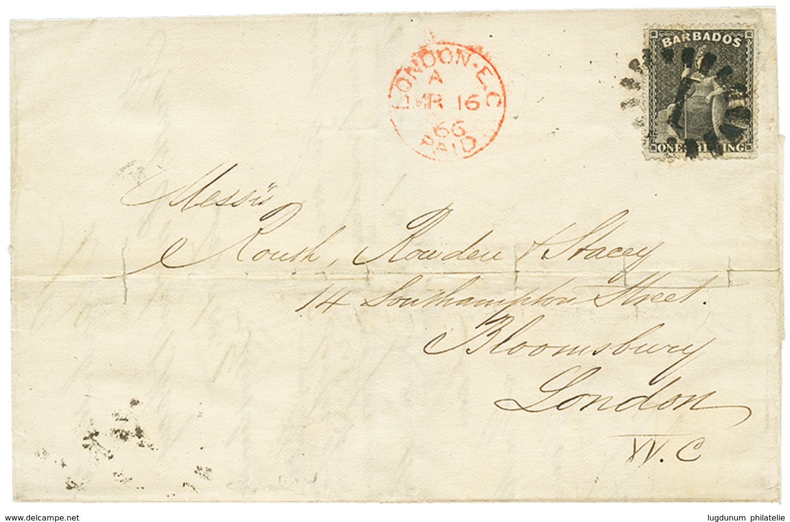 1018 1866 BARBADOS 1 Shilling Canc. 1 + BARBADOES (verso) On Cover To ENGLAND. Vvf. - Altri & Non Classificati