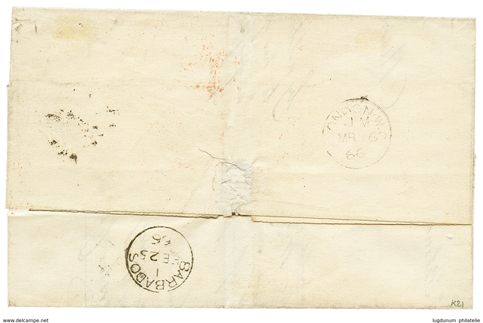 1018 1866 BARBADOS 1 Shilling Canc. 1 + BARBADOES (verso) On Cover To ENGLAND. Vvf. - Sonstige & Ohne Zuordnung