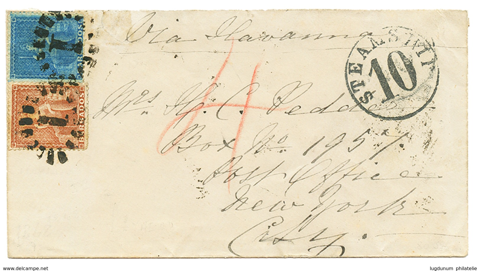 1019 1868 BARBADOS 1d + 4d Canc. 1 + BARBADOES (verso) On Envelope Via HAVANNA To USA. Scarce. Vf. - Autres & Non Classés