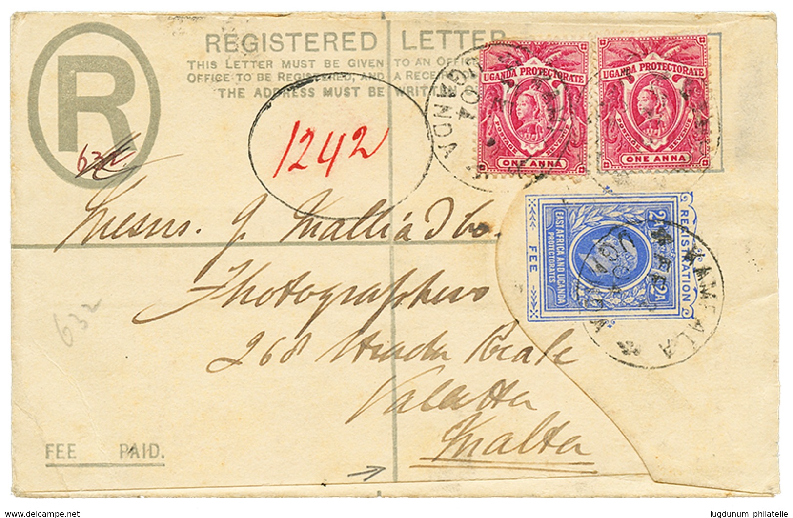 1021 "UGANDA To MALTA" : 1904 UGANDA P./Stat 2a + 1a(x2) Canc. KAMPALA To VALETTA (MALTA). Very Rare Destination. Vvf. - Altri & Non Classificati