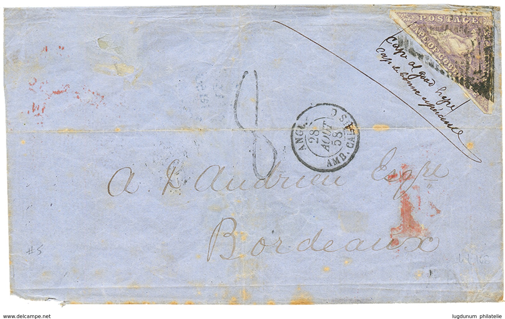 1028 CAPE OF GOOD HOPE : 1858 6d Mauve + "8" French Tax Marking On Cover From CAPETOWN To FRANCE. Some Stains & Fault Bu - Other & Unclassified
