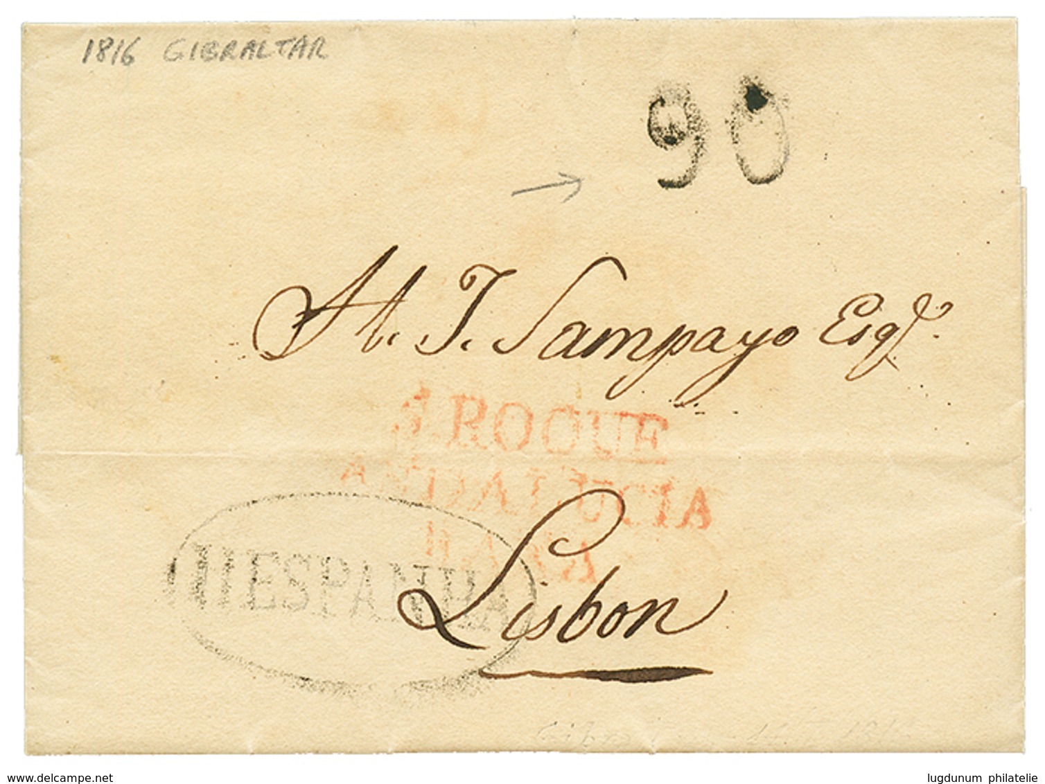 1035 1816 HESPANHA + "90" Tax + S.ROQUE ANDALUCIA BAXA On Entire Letter GIBRALTAR To PORTUGAL. Vvf. - Altri & Non Classificati