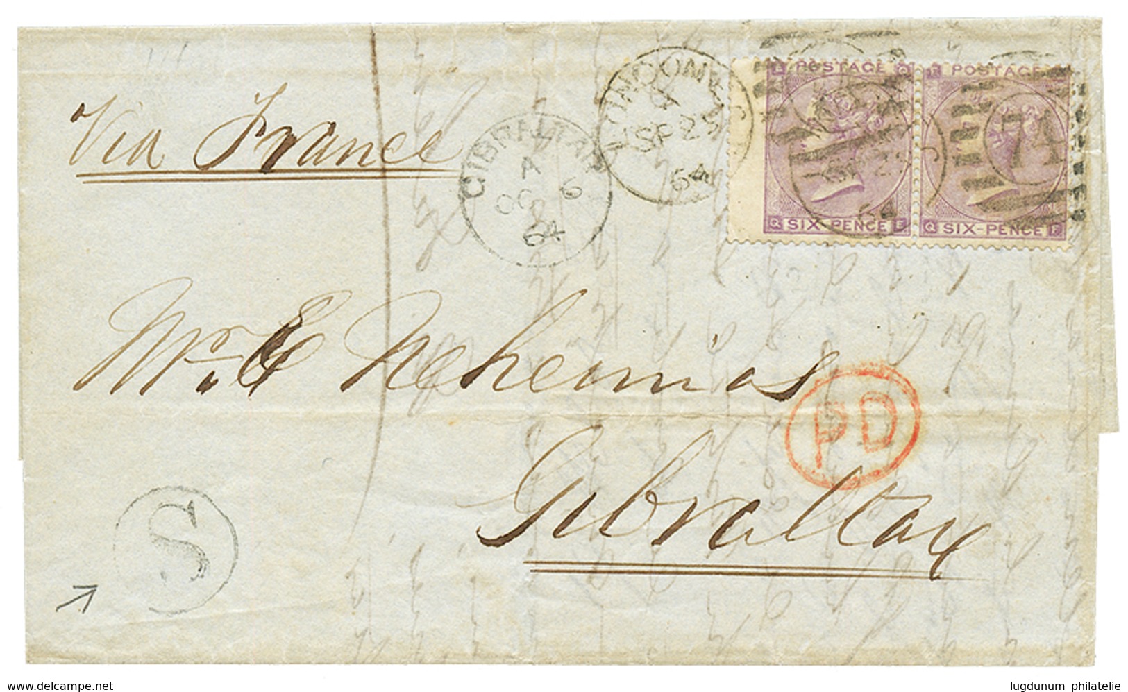 1042 1864 GB 6d(x2) Canc. LONDON + "S" Marking On Cover Via FRANCE To GIBRALTAR. Vf. - Other & Unclassified