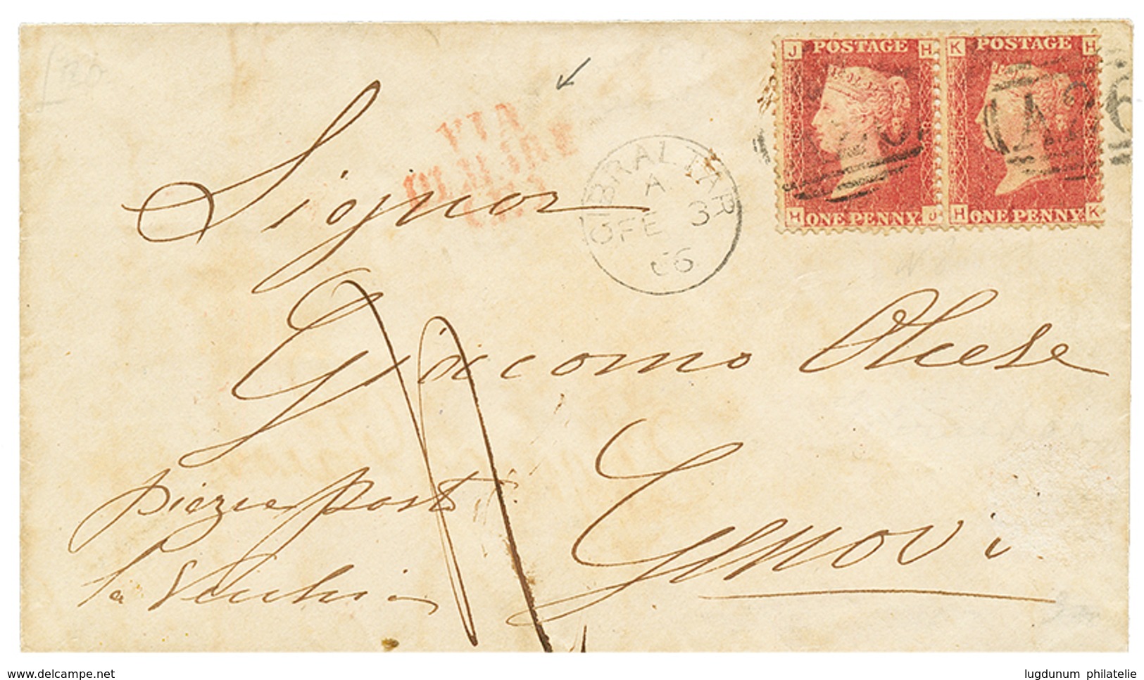 1043 1866 Pair 1d Canc. A26 + GIBRALTAR + Red VIA DI MARE(E) + Tax "4" On Envelope To ITALY. Vf. - Other & Unclassified