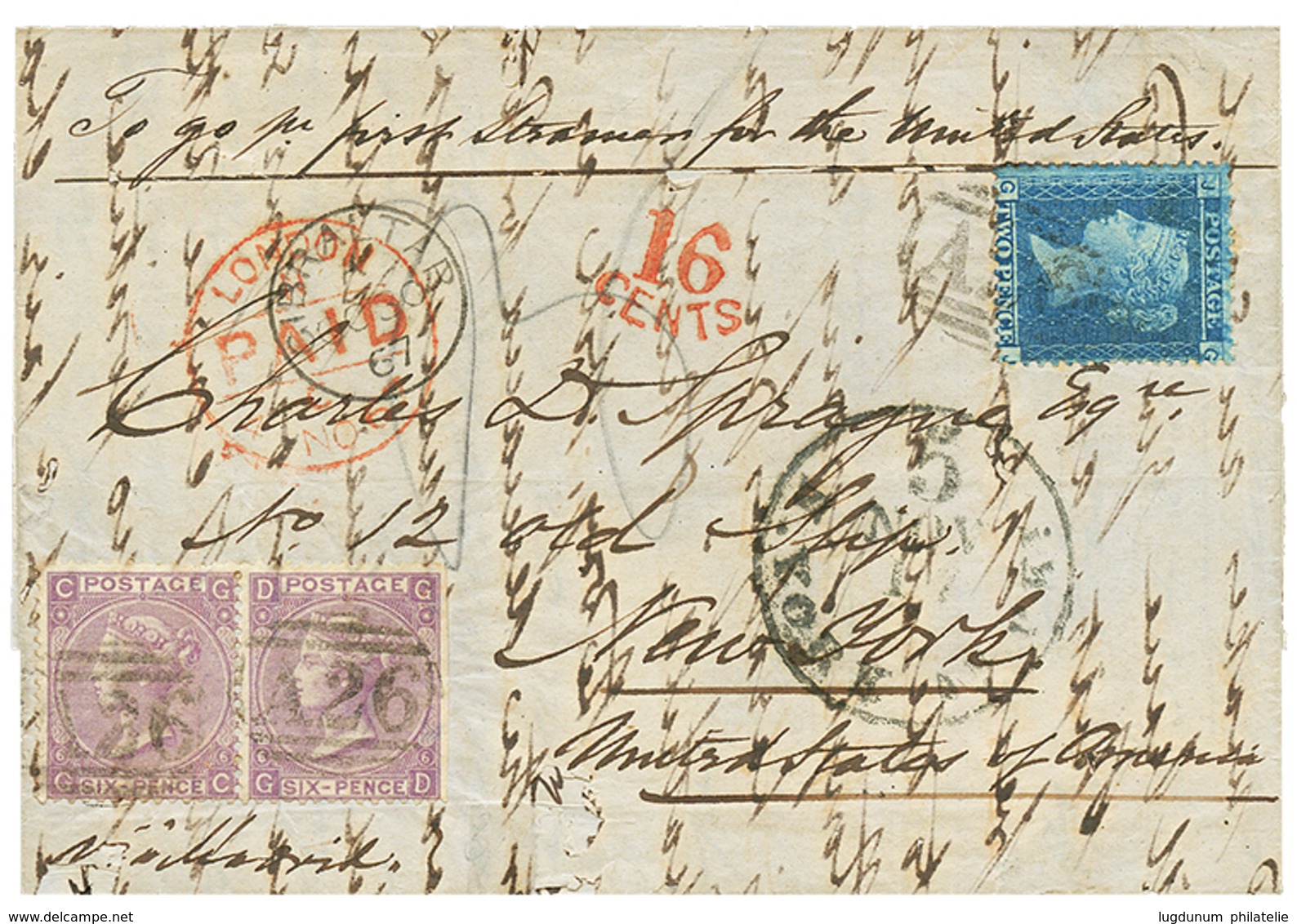 1044 1867 GB 2d + 6d(x2) Canc. A26 + GIBRALTAR On Cover To NEW-YORK(USA). Vf. - Autres & Non Classés