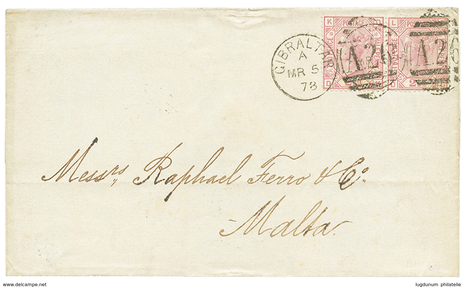 1047 1878 GB Pair 2 1/2d Rose Canc. A26 + GIBRALTAR On Cover To MALTA. Nice Destination. Superb. - Altri & Non Classificati