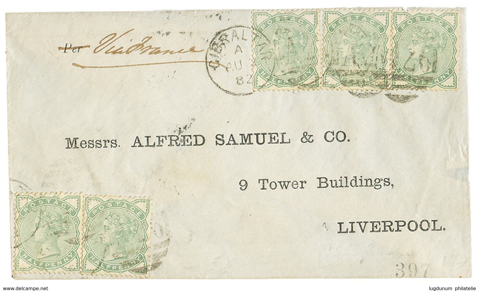 1049 1882 1/2d Green(x5) Canc. A26 + GIBRALTAR On Envelope To LIVERPOOL. Vf. - Autres & Non Classés