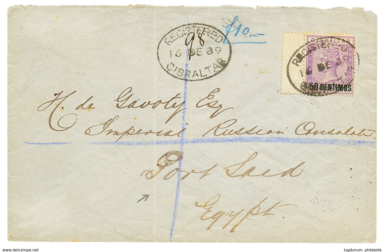 1050 1889 50c On 6p Canc. REGISTERED GIBRALTAR On Envelope To PORT-SAID (EGYPT). Rare Destination. Vvf. - Autres & Non Classés