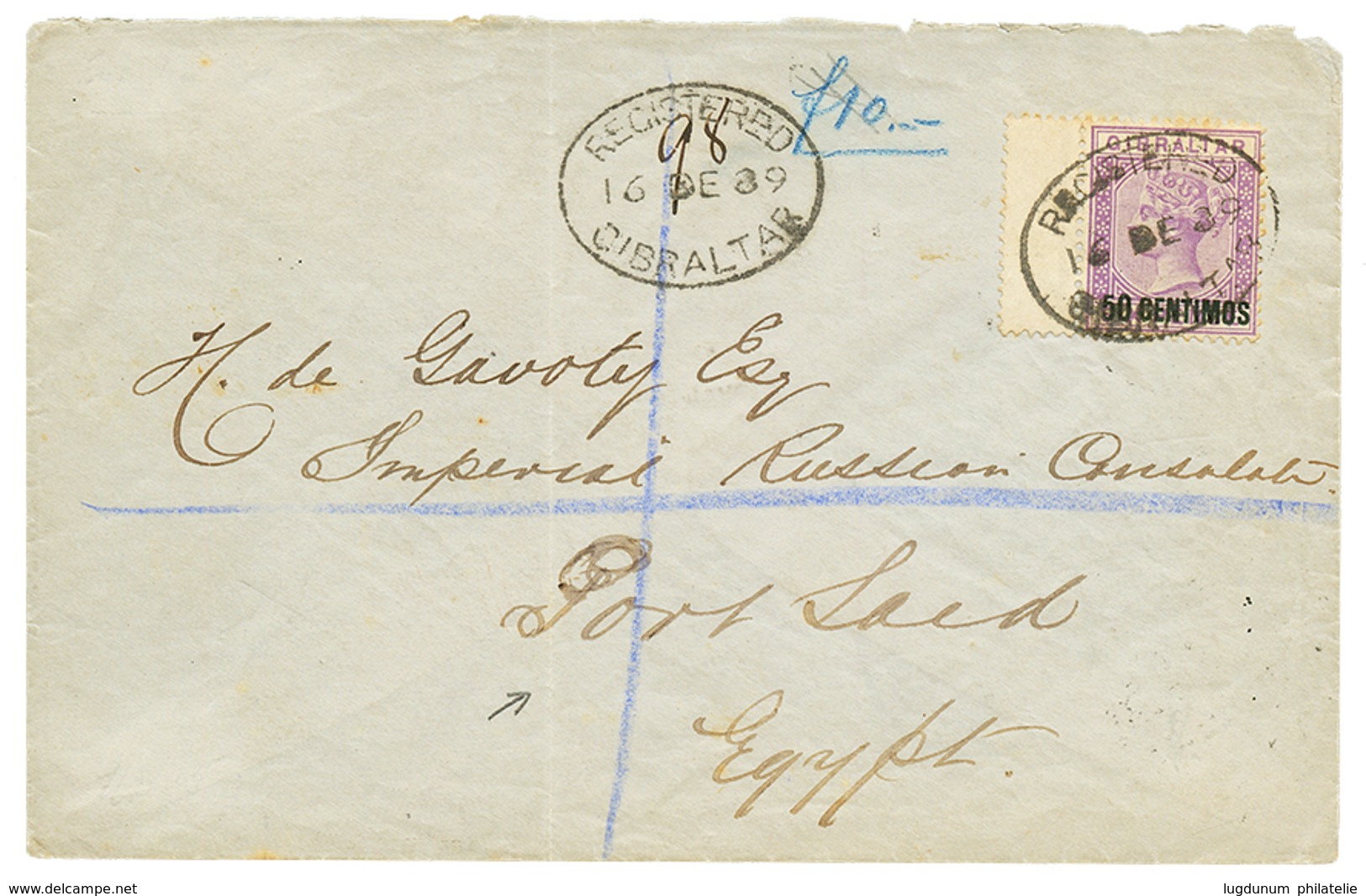 1050 1889 50c On 6p Canc. REGISTERED GIBRALTAR On Envelope To PORT-SAID (EGYPT). Rare Destination. Vvf. - Altri & Non Classificati