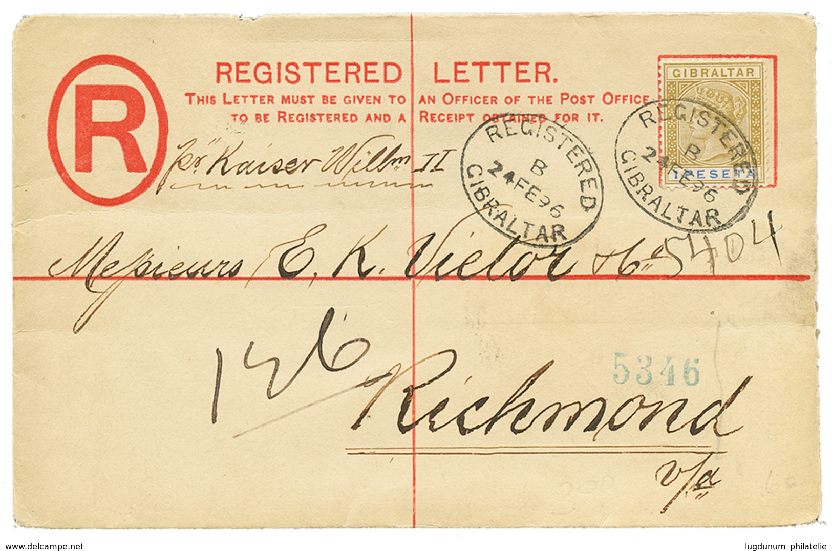 1051 1896 1 PESETA Canc. REGISTERED GIBRALTAR On REGISTERED LETTER To RICHMOND (USA). Superb. - Altri & Non Classificati