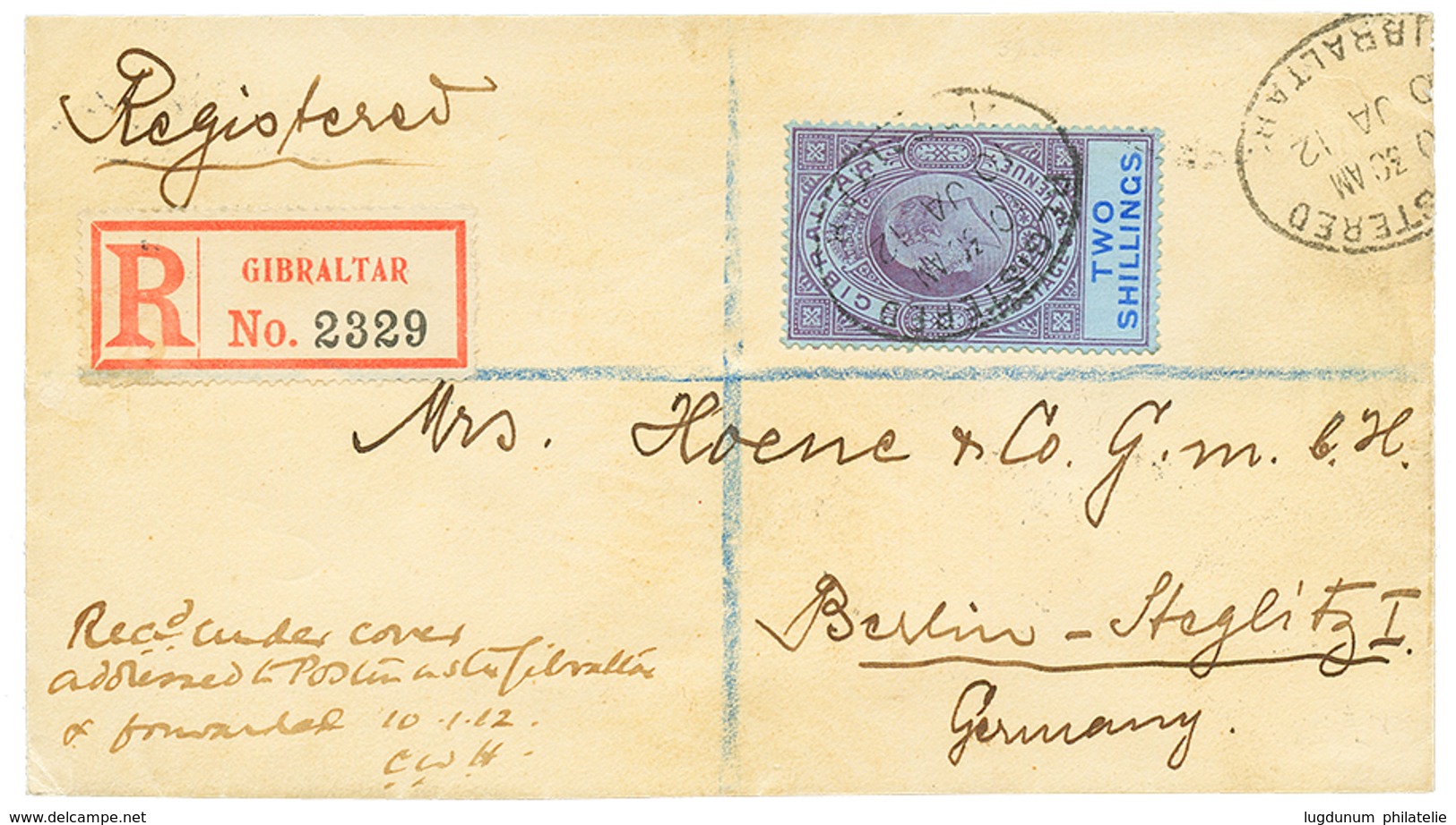 1052 1912 2 SHILLING Canc. REGISTERED GIBRALTAR On Envelope To GERMANY. Rare Stamp On Letter. Vvf. - Sonstige & Ohne Zuordnung