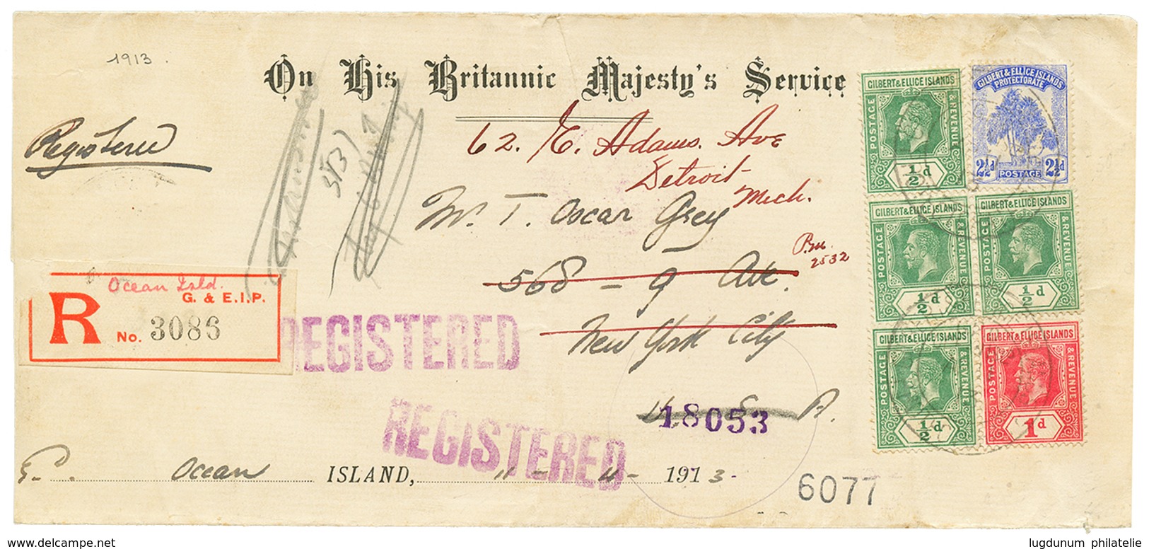 1054 1913 Rare Mixed Issue Franking On REGISTERED Envelope From OCEAN ISLAND To USA. Vvf. - Altri & Non Classificati