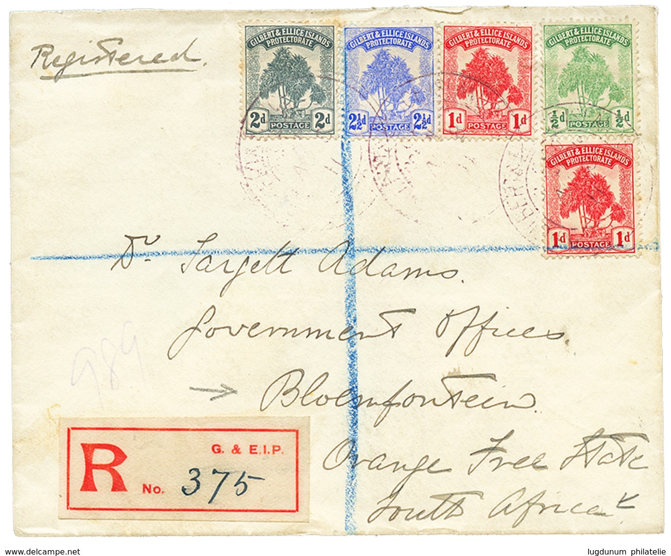 1055 GILBERT ISLANDS To ORANGE FREE STATE : 1914 1/2d+ 1d(x2)+ 2d+ 2 1/2d On REGISTERED Envelope To ORANGE FREE STATE SO - Other & Unclassified