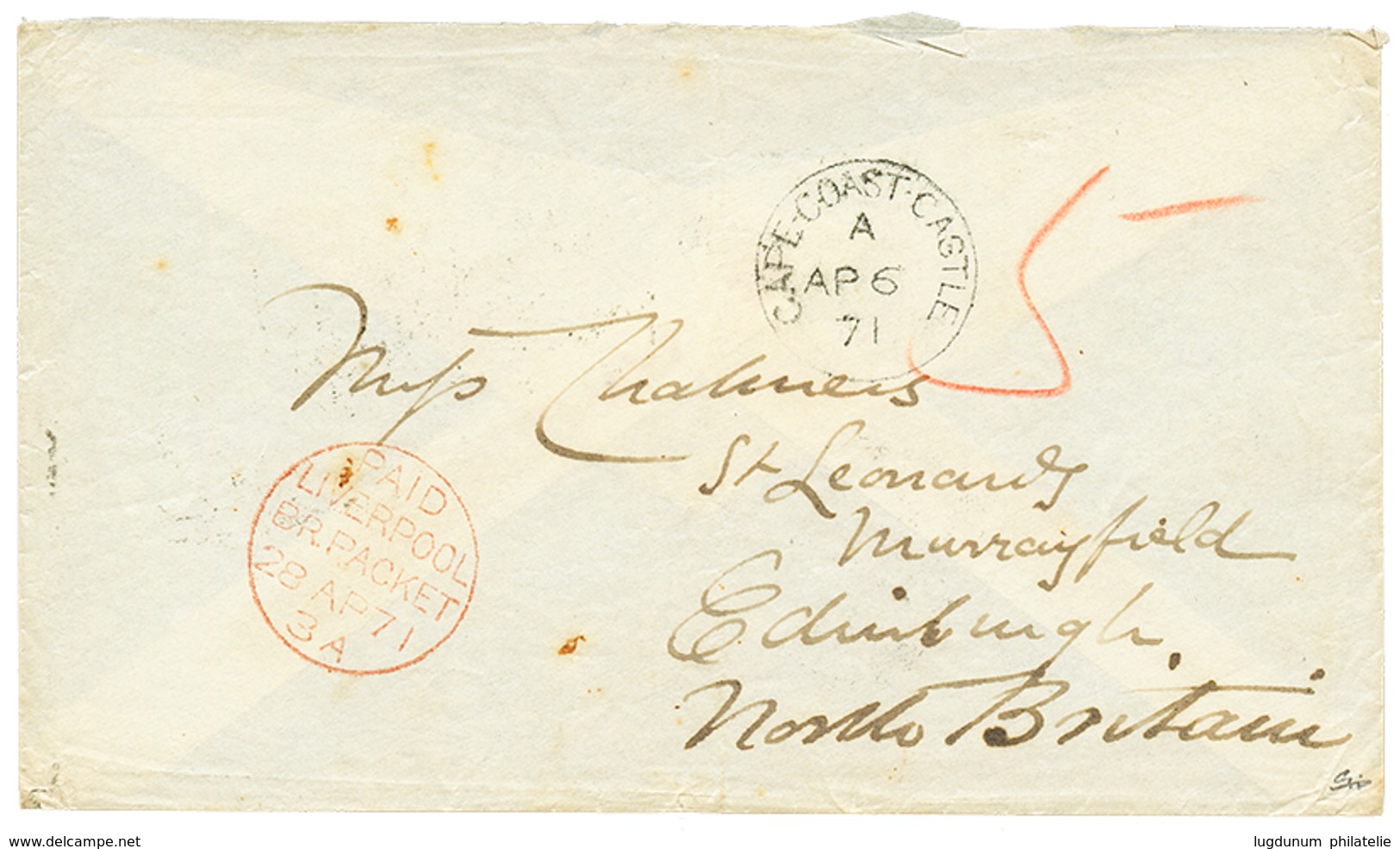 1057 1871 CAPE COAST CASTLE + "5" Tax Marking On Envelope To NURRAYFIELD SCOTLAND. Superb. - Other & Unclassified