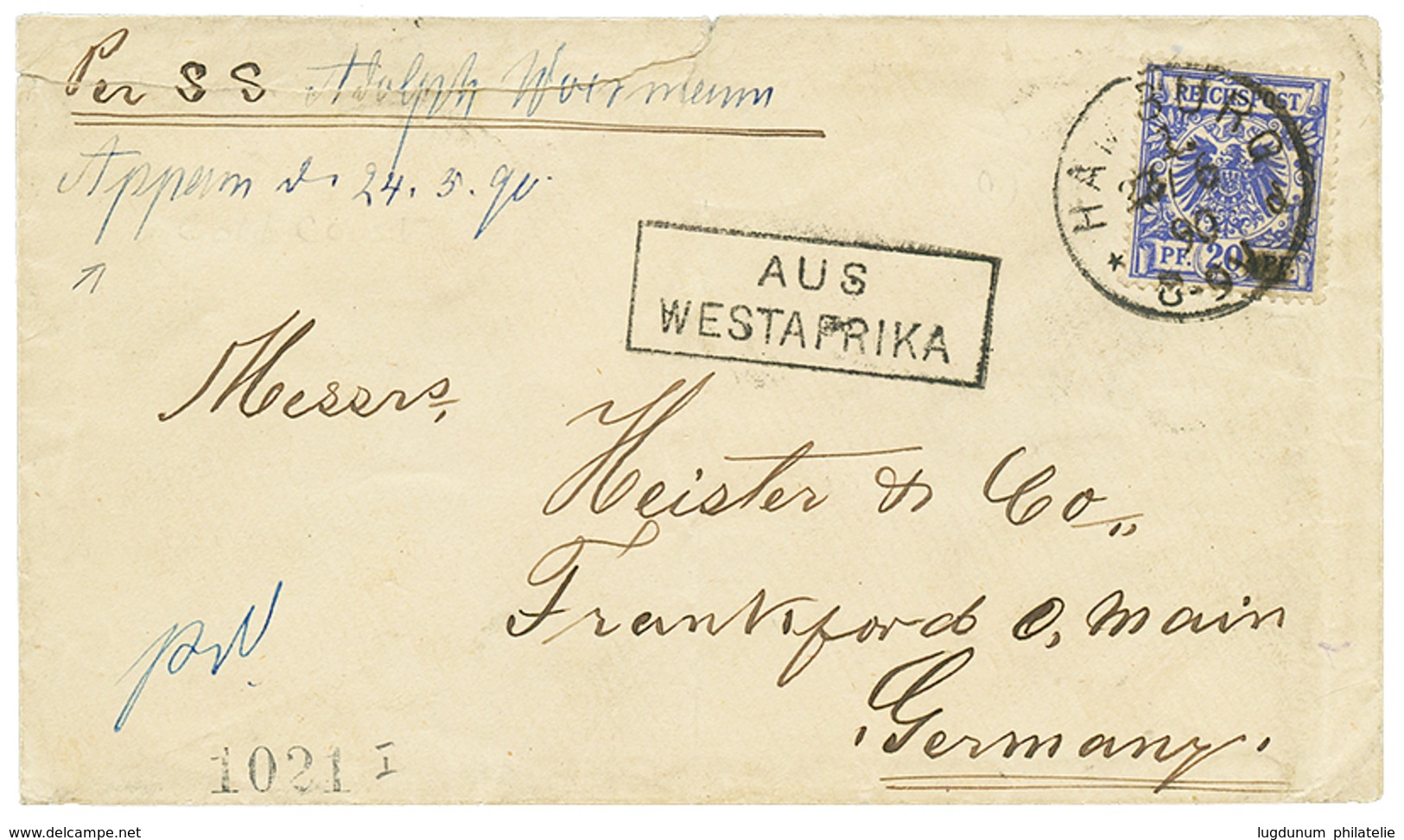 1058 "APPAM" : 1890 GERMANY 20pf Canc. HAMBURG + "APPAM 24.5.90" + Boxed AUS WESTAFRIKA On Envelope To GERMANY. Vvf. - Autres & Non Classés