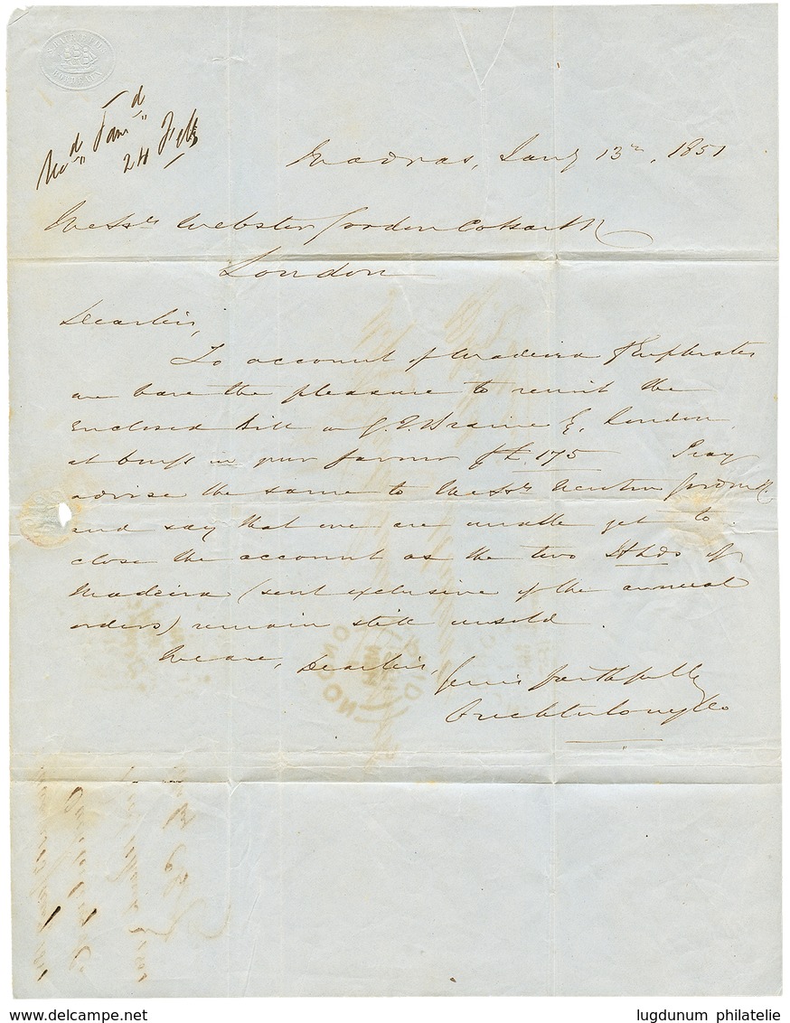 1061 1851 "240" Portuguese Tax Marking + LONDON PAID On Entire Letter From MADRAS To MADEIRA. RARE. Vvf. - Altri & Non Classificati