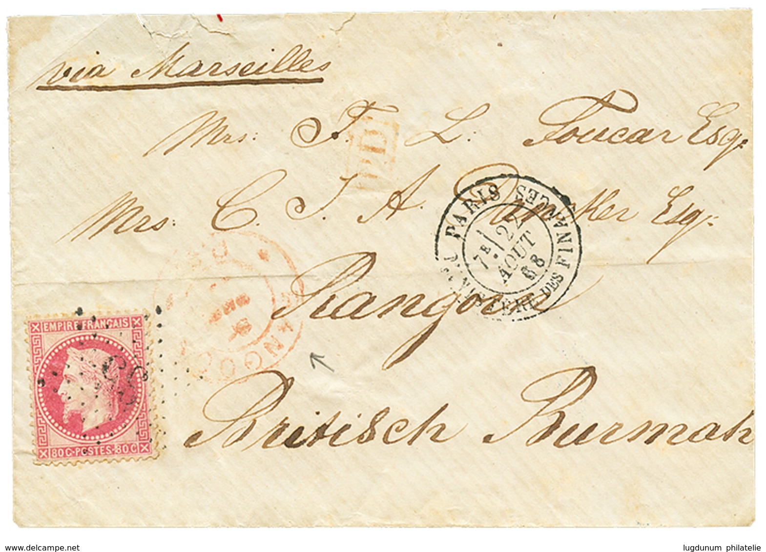 1063 "Incoming Mail To BURMA" : 1868 FRANCE 80c On Envelope From PARIS To RANGOON BRITISH BURMA. Recto, Red Cachet RANGO - Altri & Non Classificati