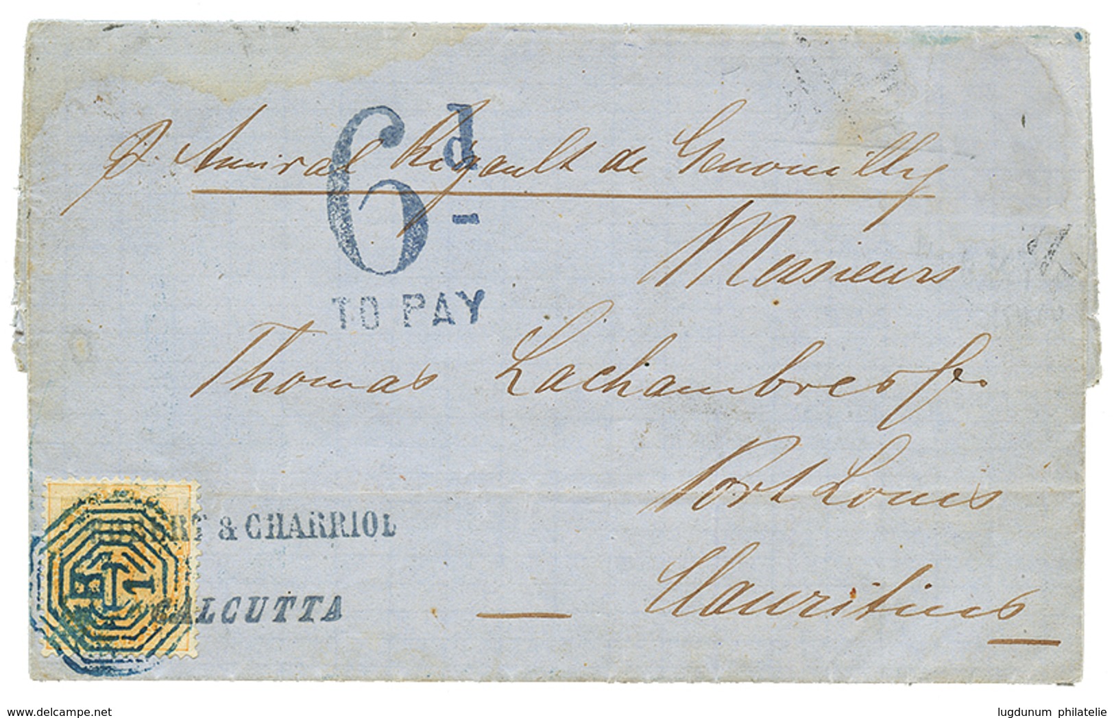 1064 1868 2a Canc. B/1 + 6d/TO PAY On Entire Letter From CALCUTTA To MAURITIUS. Superb. - Altri & Non Classificati