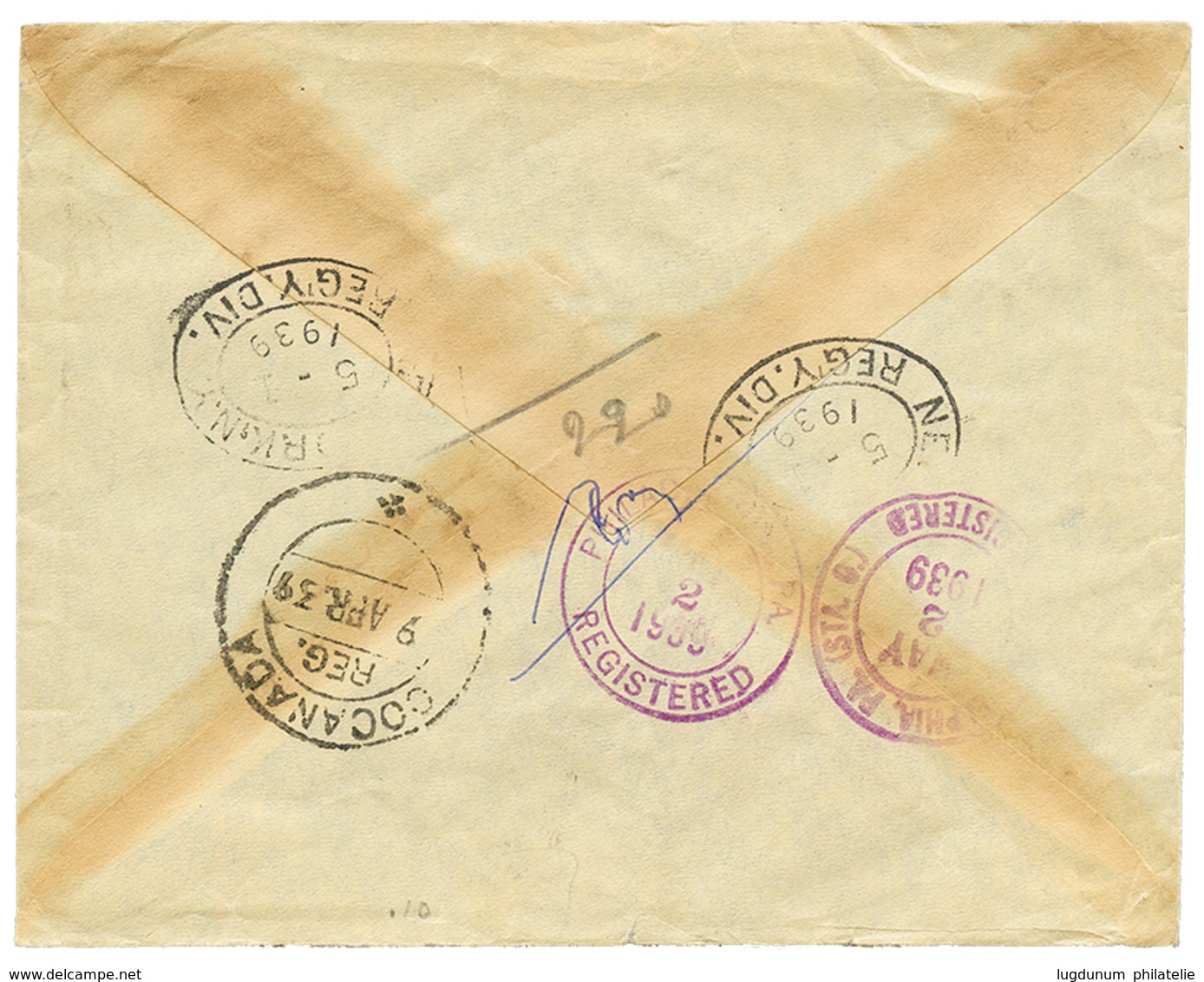 1065 "YANAON" : 1939 1/a+ 1a(x3)+ 2a+ 3p+ 9p Canc. YANAM On REGISTERED Envelope To USA. Scarce. Vf. - Autres & Non Classés