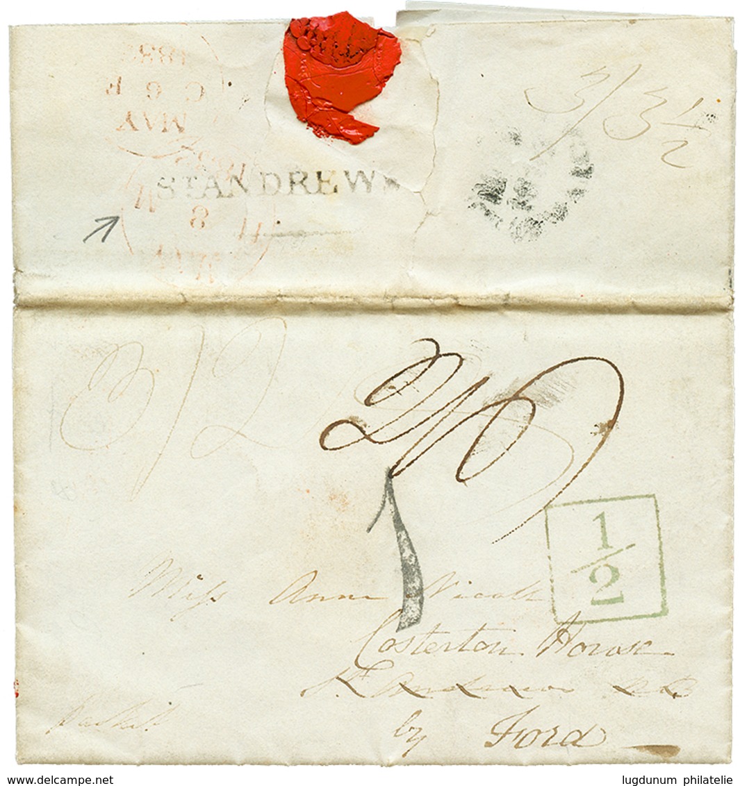 1068 1832 Boxed 1/2 + "1" Tax Marking On Entire Letter From JAMAICA To ST ANDREW Redirected To FORD. Vf. - Sonstige & Ohne Zuordnung